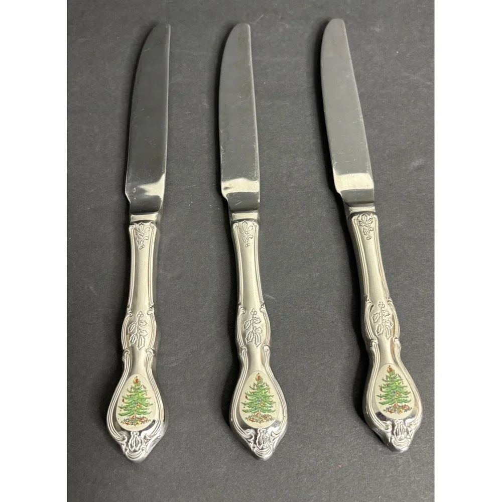 3 Spode Christmas Dinner Knives Tree Stainless Flatware Wallace 9 3/4